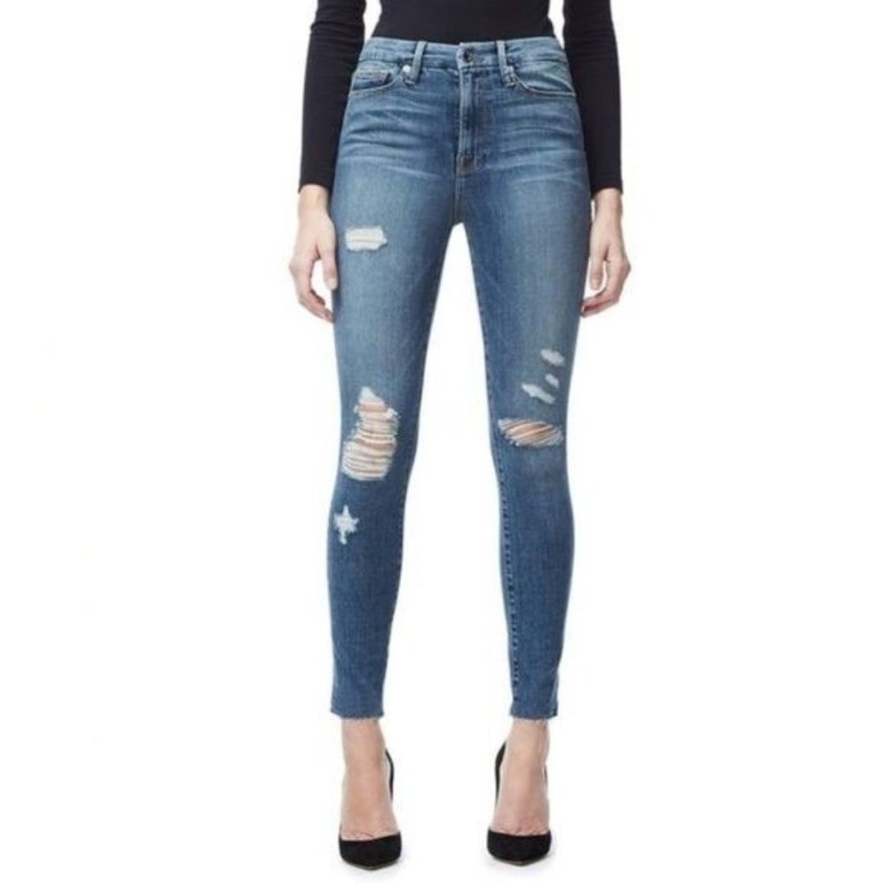 GOOD AMERICAN Good Waist Women's Size 8/29 Crop Skinny Jeans Distressed Raw Edge